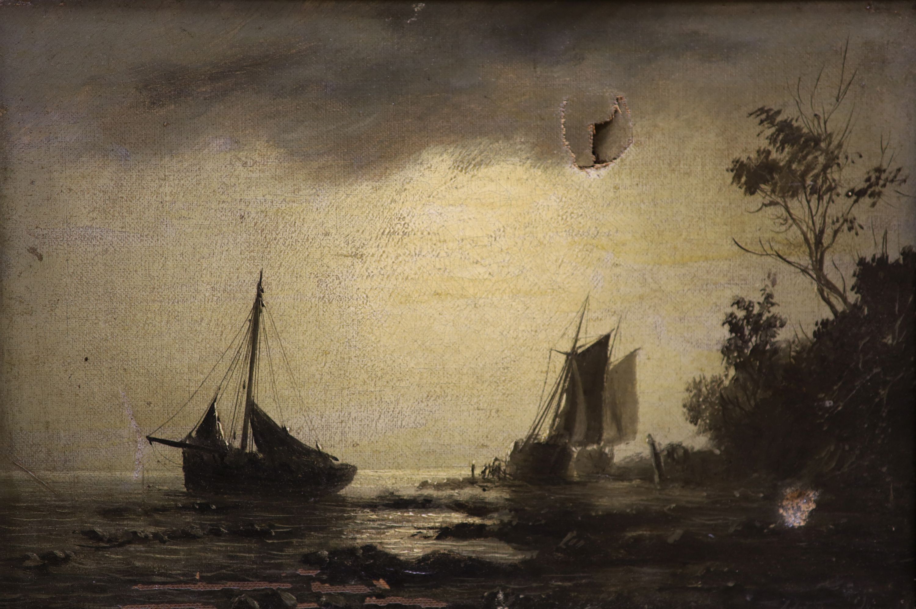 William Adophus Knell (1801-1875), oil on canvas, Moonlit coastal scene, signed, 22 x 32cm. (damaged)